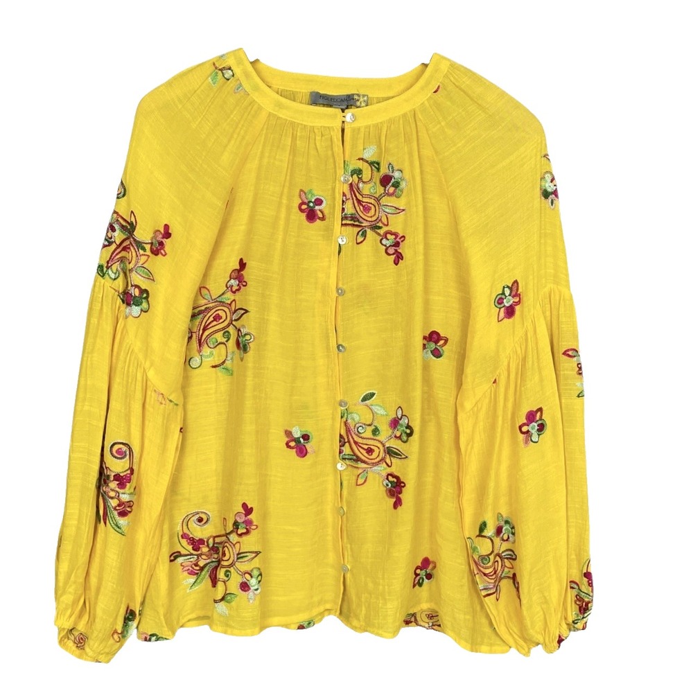 Figueroa Flower Yellow Embroidered Paisley Balloon Sleeve Top Womens L